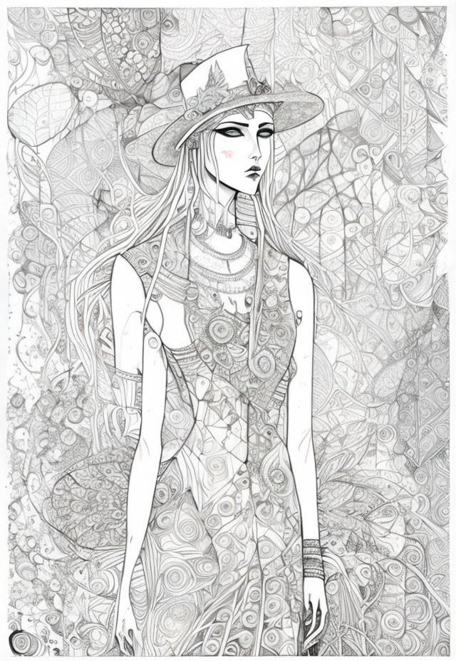 Monochromatic stylized woman with wide-brimmed hat and floral designs.