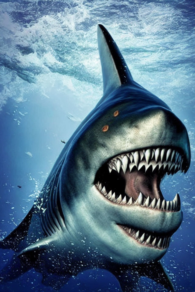 Menacing shark with open mouth and sharp teeth underwater.
