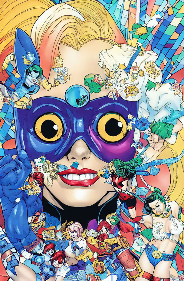 Vibrant Comic Book Illustration with Smiling Woman and Superheroes