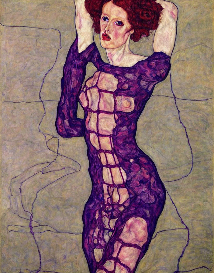 Red-haired woman in textured purple bodysuit against yellow background striking pose.