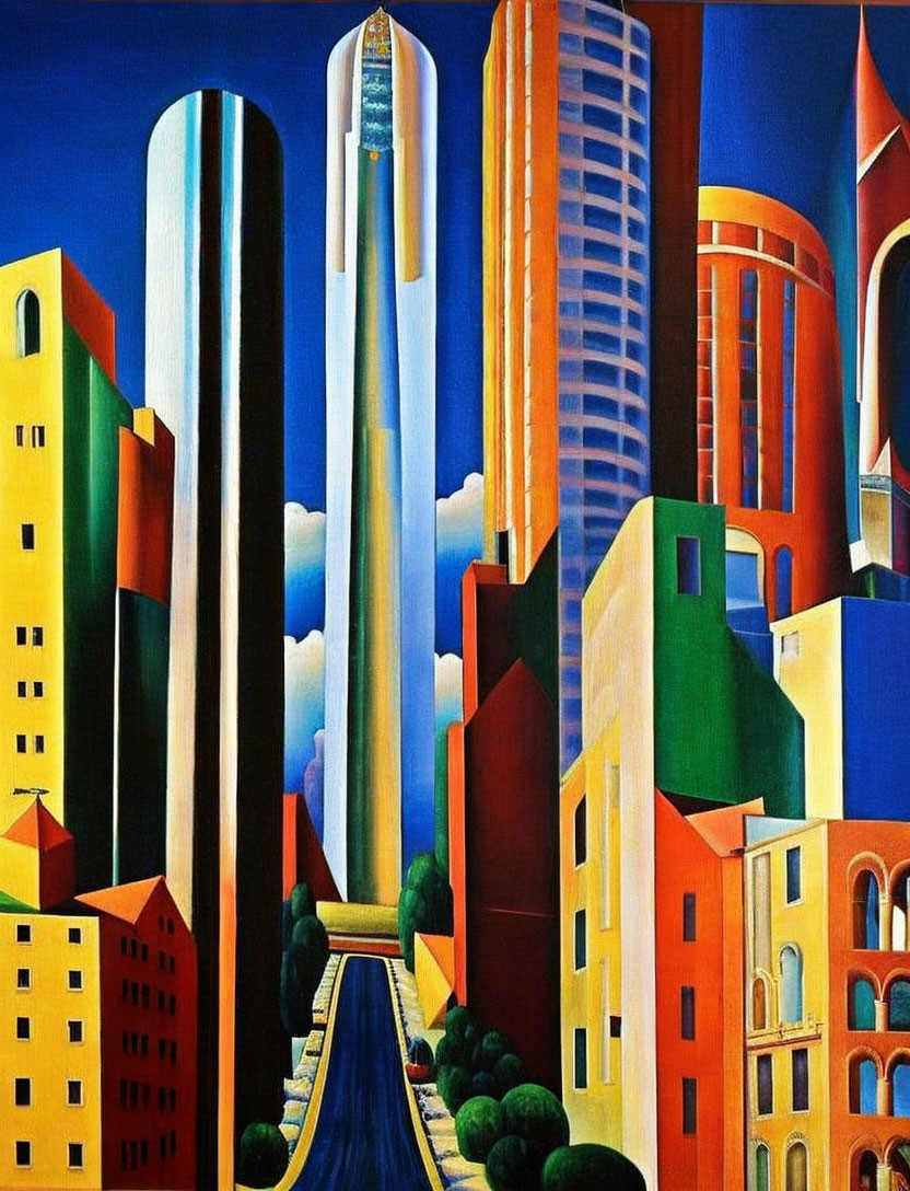 Colorful Stylized Painting of Surreal Urban Skyline