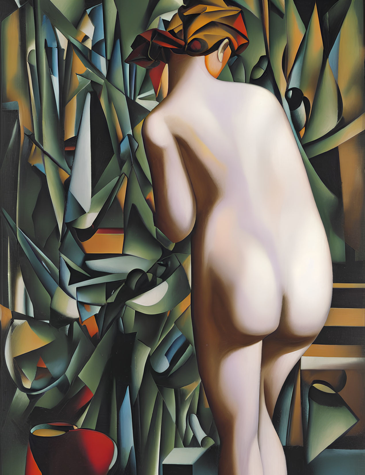 Cubist Painting: Nude Figure with Abstract Geometric Background