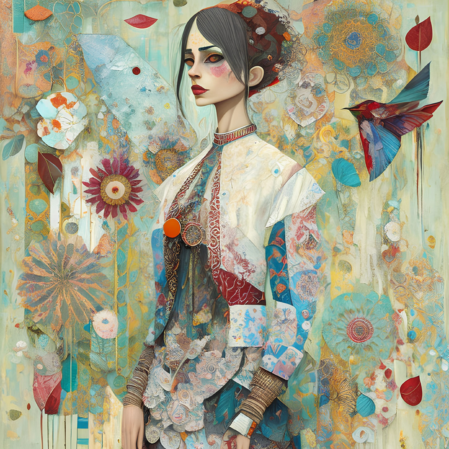 Stylized woman with butterfly motif, floral patterns, and hummingbird in whimsical setting