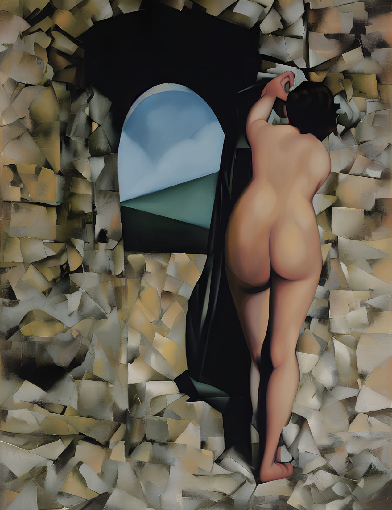 Nude Woman Looking Out Window in Cubist Style