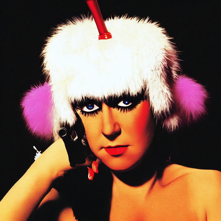 Bold makeup woman in white furry hat with red plunger and pink earmuffs on dark background