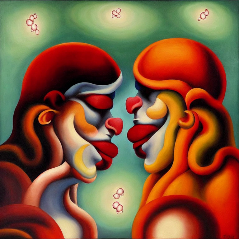 Vibrant abstract painting: two faces in profile, red and orange tones, surreal lines on green