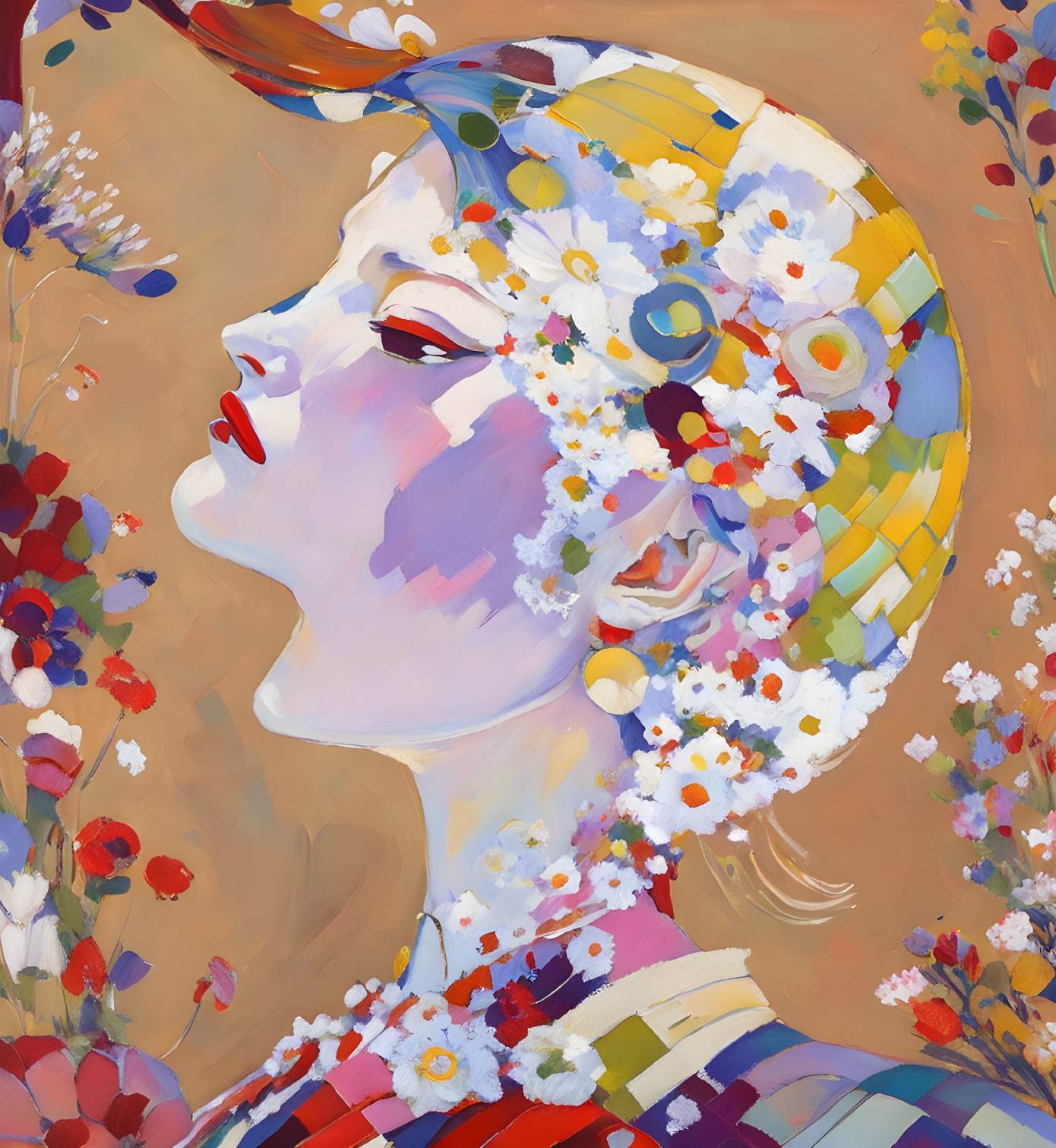 Stylized woman with floral pattern hair and hat on warm background