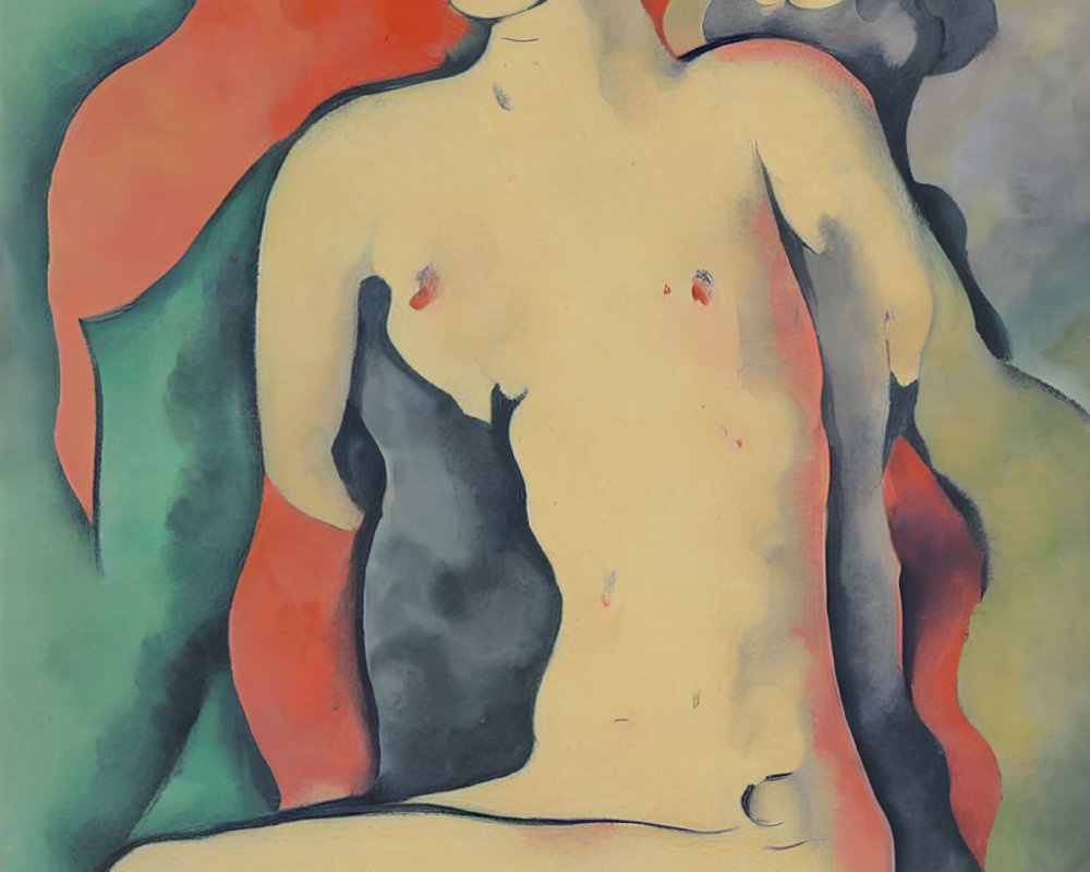 Vibrant abstract painting of seated nude figure with stylized features
