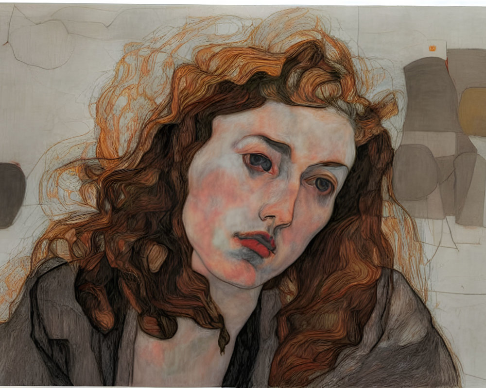 Portrait of Woman with Red Curly Hair and Sad Expression on Abstract Background