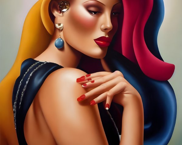 Vibrant portrait of a lady with red lips, large earring, and wavy hair