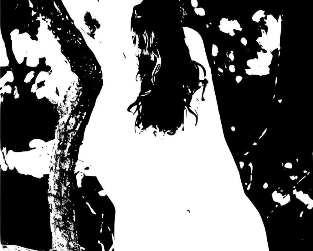 Monochromatic nude female figure leaning on a tree in high-contrast art
