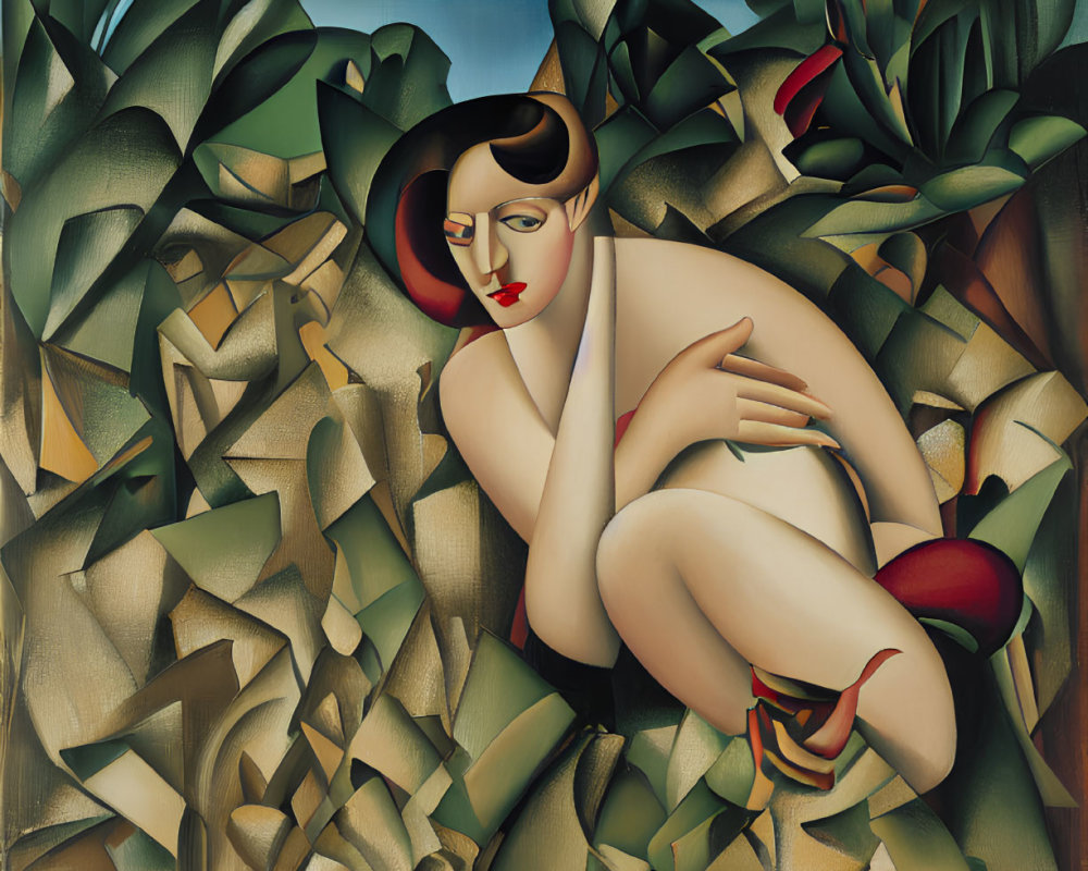 Cubist-style painting of seated figure among geometric forms and nature