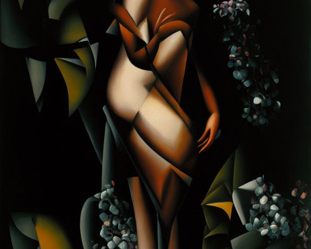 Stylized Cubist painting of female figure with abstract floral elements