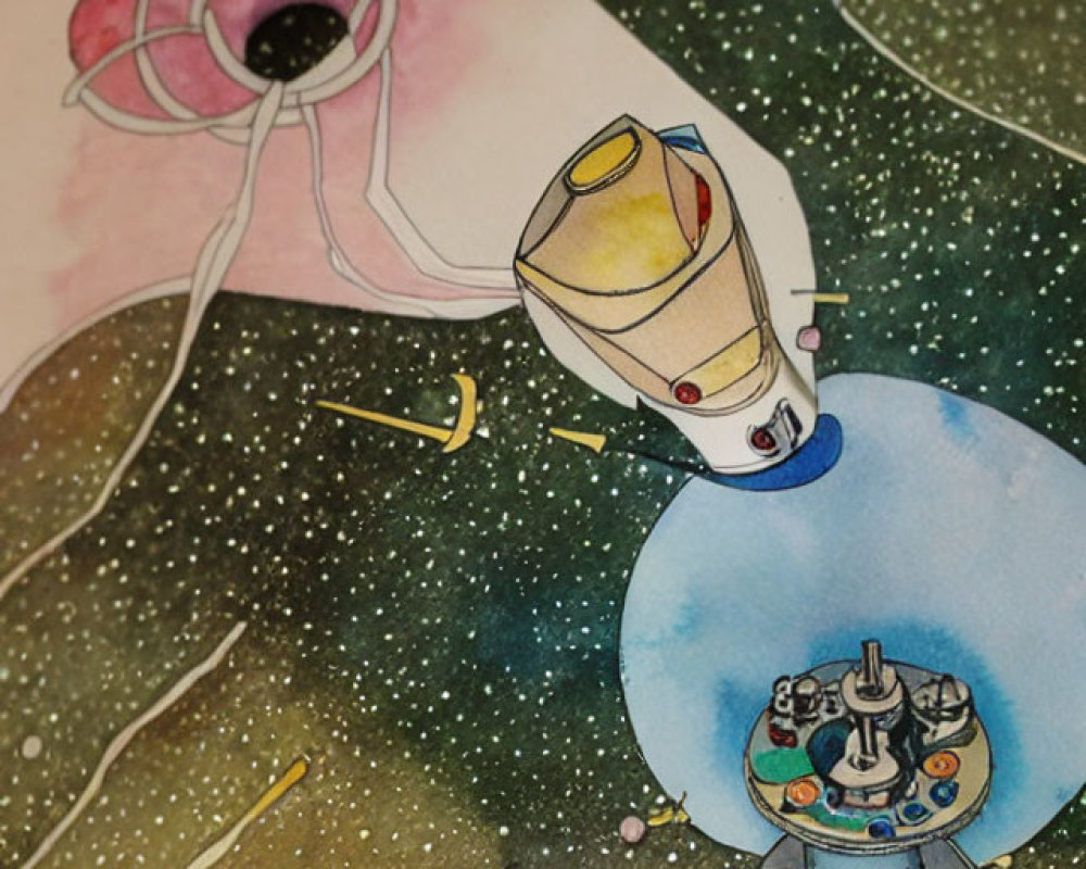 Colorful Watercolor Illustration of Spacecraft Approaching Space Station