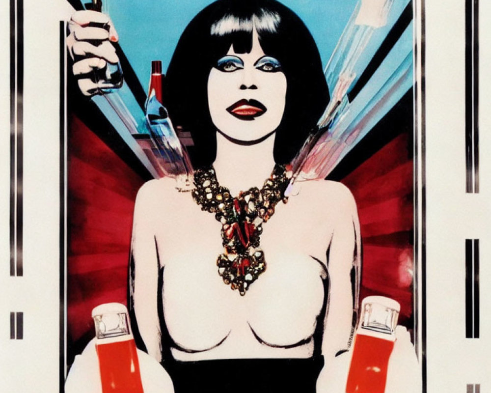 Woman in Pop Art Style with Dark Hair and Heavy Makeup Holding Bottles