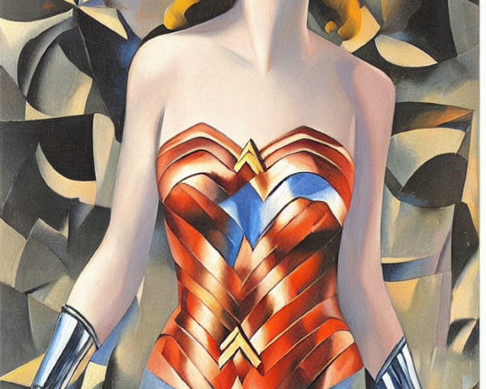 Female superhero illustration: golden tiara, red & gold bodice, blue starred bottoms, silver wrist