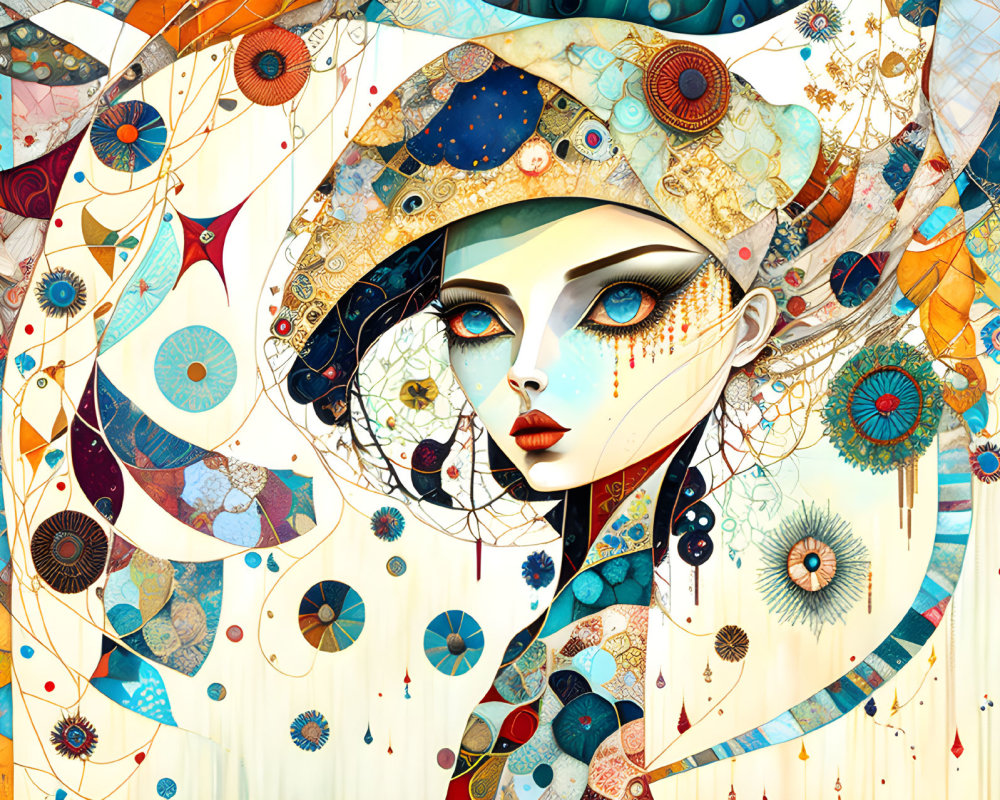 Colorful Surrealist Woman Illustration with Intricate Patterns and Dreamlike Elements