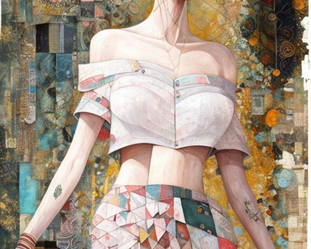 Detailed Illustration of Stylish Woman in Headscarf & Patchwork Skirt