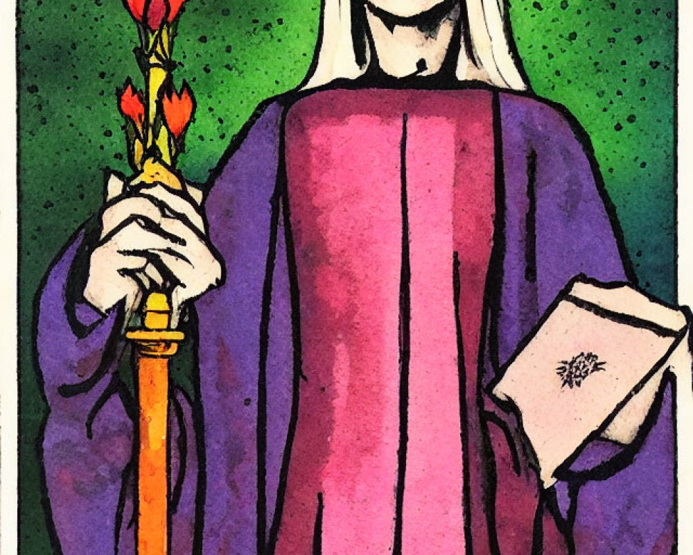 Illustration of person in purple robe with staff and book on green background