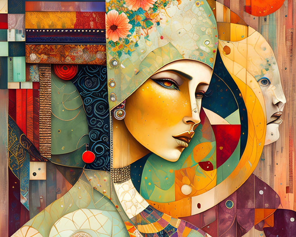Vibrant digital portrait of stylized woman with patchwork scarf & floral/geometric designs