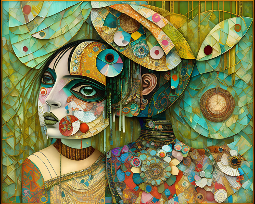 Colorful digital artwork: Stylized woman with intricate patterns and motifs