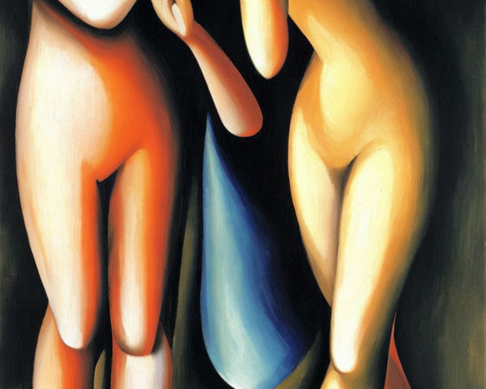 Abstract painting of two elongated figures in black dress and nude, touching hands