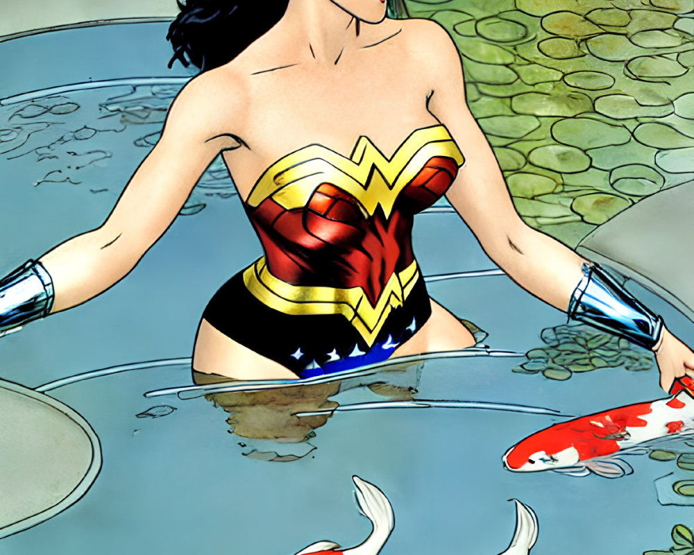 Wonder Woman kneeling by pond with koi fish, lily pads, and pink flowers