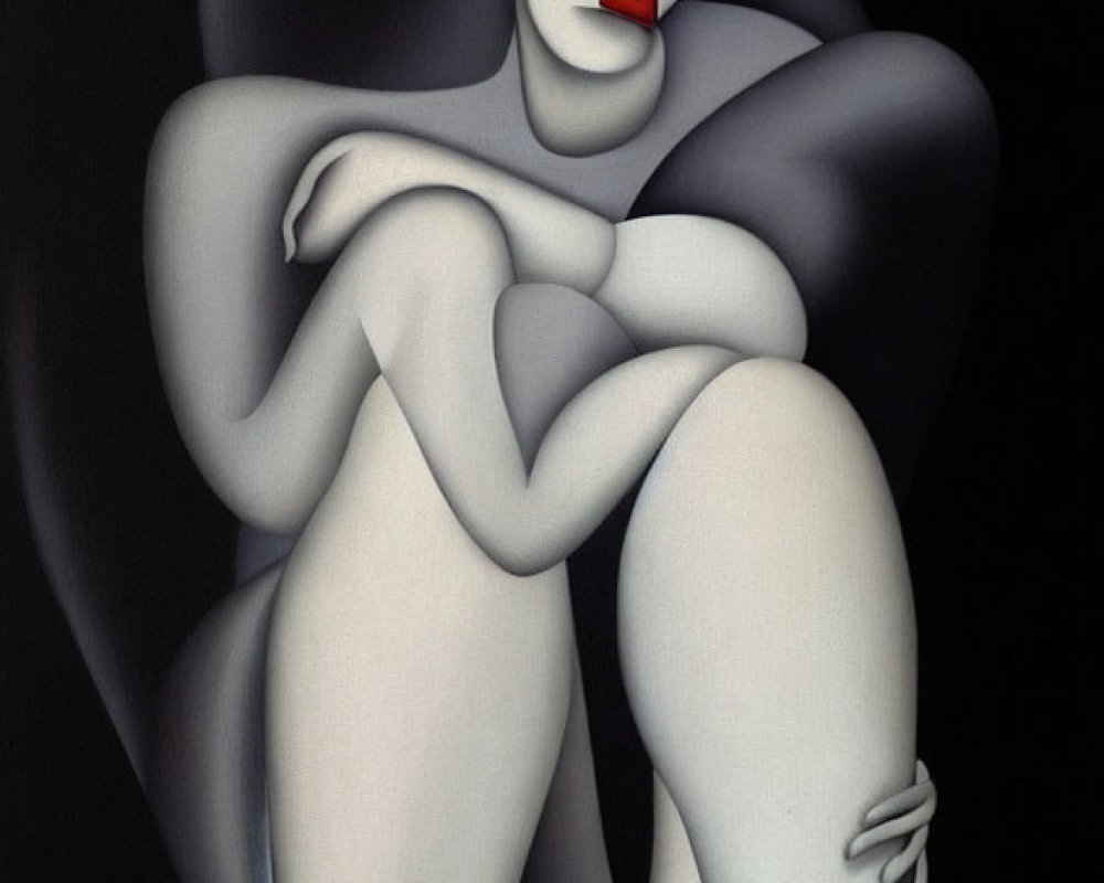 Stylized painting of figure with elongated limbs and dual face