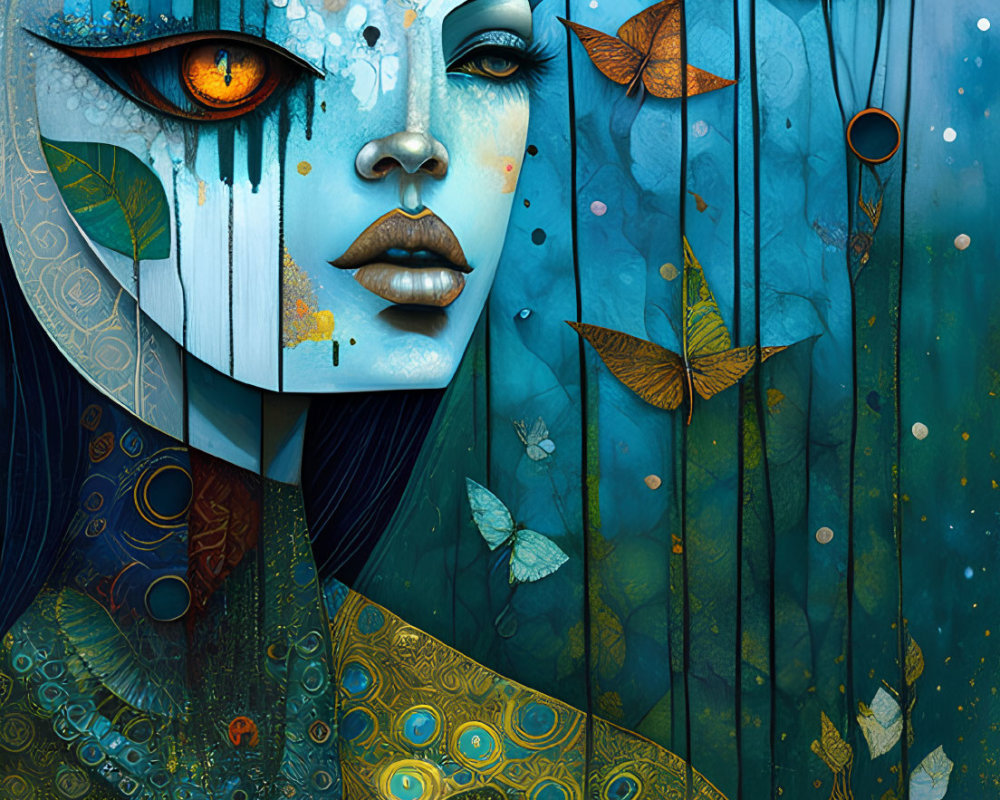 Intricate artwork of woman with golden eye amid nature, leaves, mechanical parts in blue tones