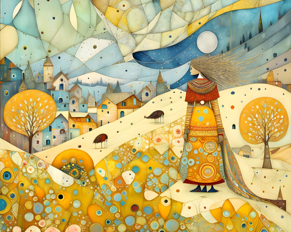 Stylized village artwork with figure in cloak under mosaic sky