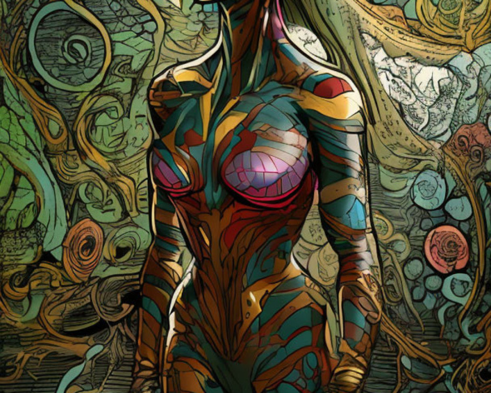 Colorful Female Superhero with Winged Helmet in Green, Red, and Gold Costume against Abstract Background