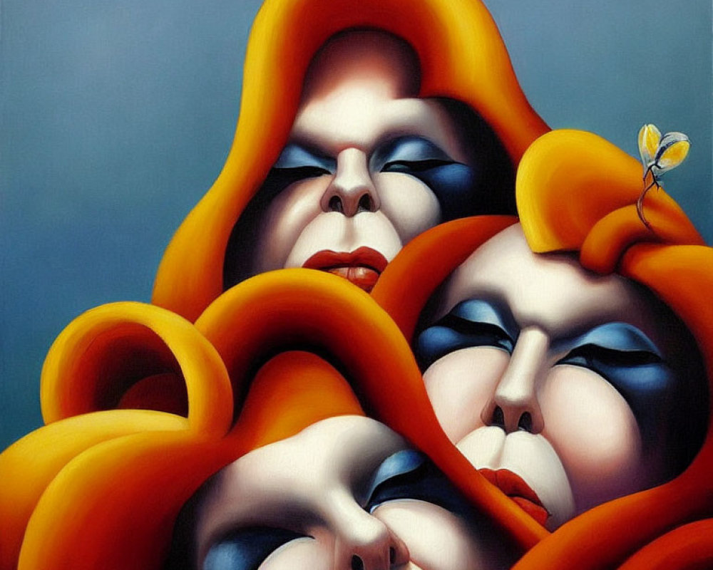 Surreal painting with intertwined faces and orange-yellow abstract shapes
