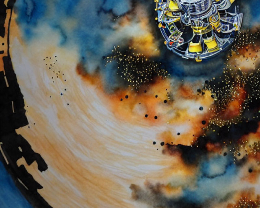 Futuristic space station orbiting planet in watercolor