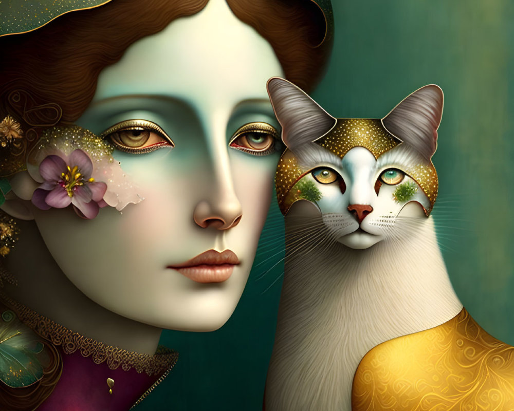 Surreal portrait of woman and cat with floral and bejeweled headdresses