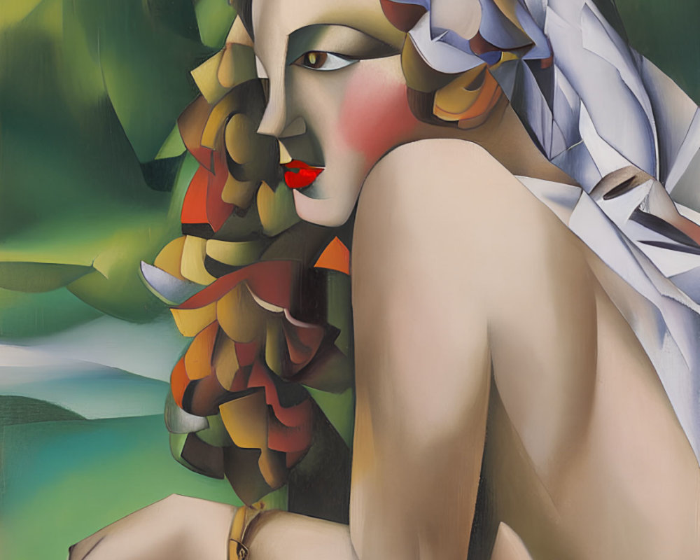 Colorful Cubist Portrait of Woman with Abstract Features and Leaf-like Hair on Green Background