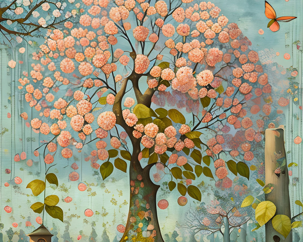 Illustration of lush tree with pink blossoms, butterflies, fruit, and small house.