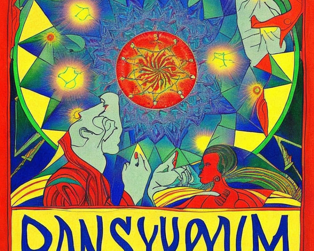 Colorful psychedelic poster with figures, faces, and mandala on vibrant background