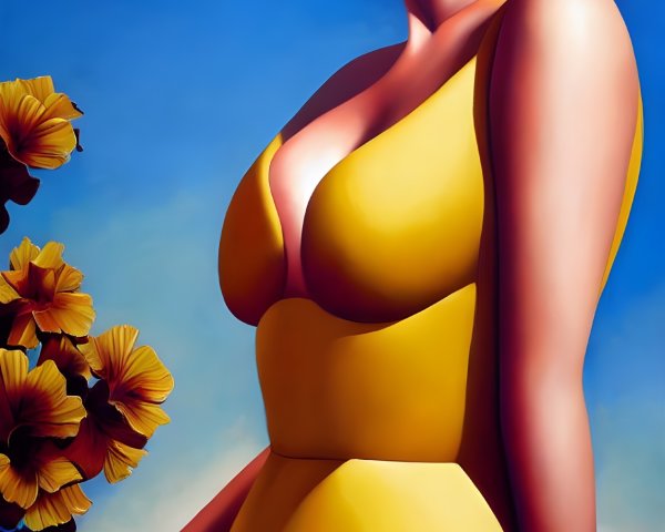 Woman in Yellow Dress Standing by Yellow Flowers on Blue Sky Background