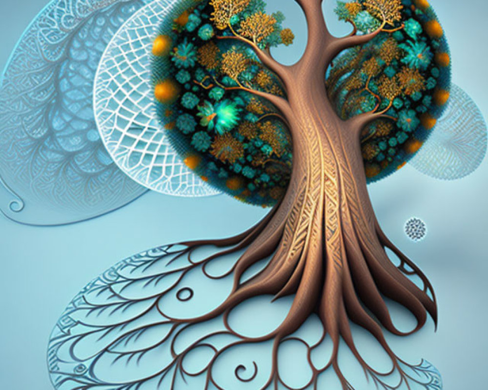 Stylized digital artwork of intricate tree fractals on blue background