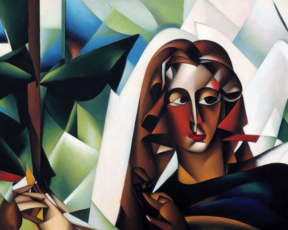 Cubist-style abstract painting of woman with fragmented facial features.