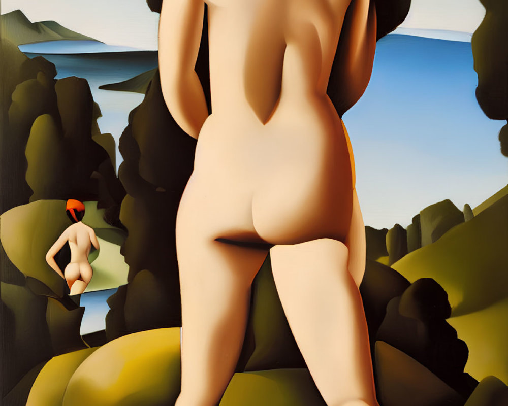 Nude female figure overlooking landscape with distant person