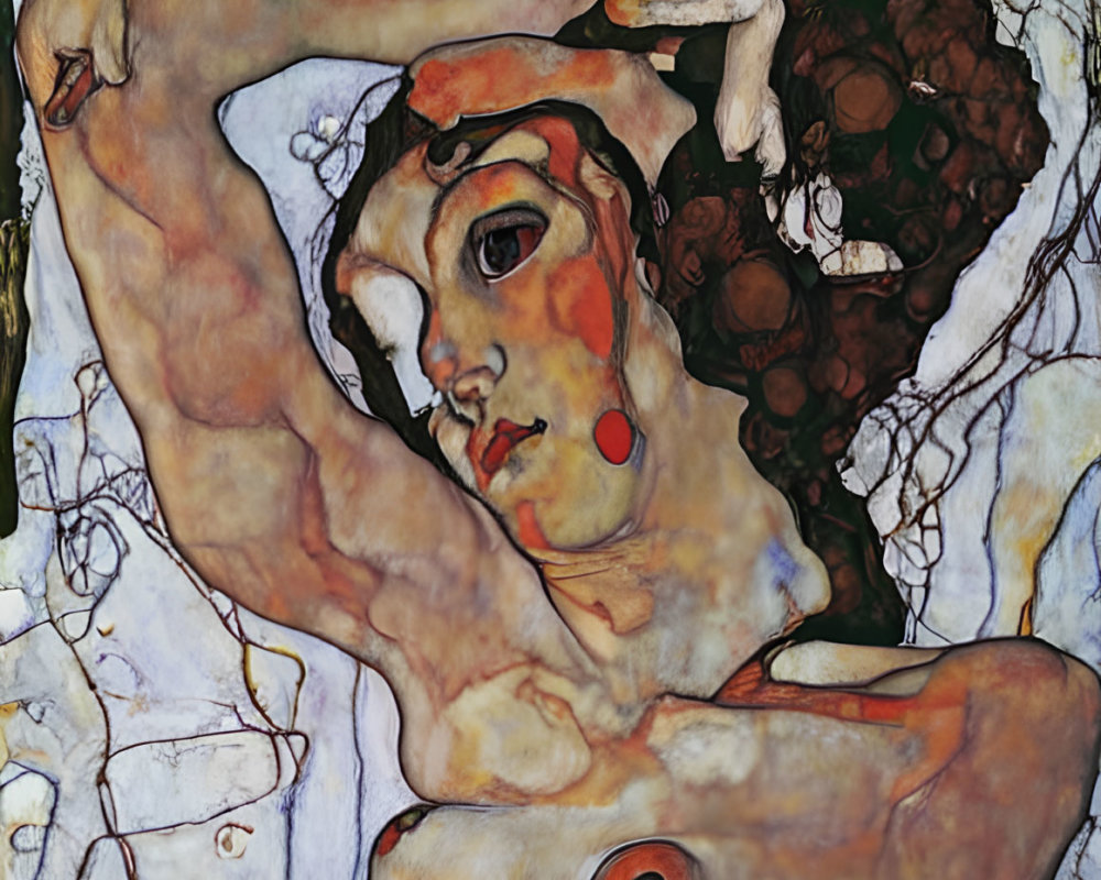 Art Nouveau Style Painting of Woman with Flowing Hair and Abstract Forms