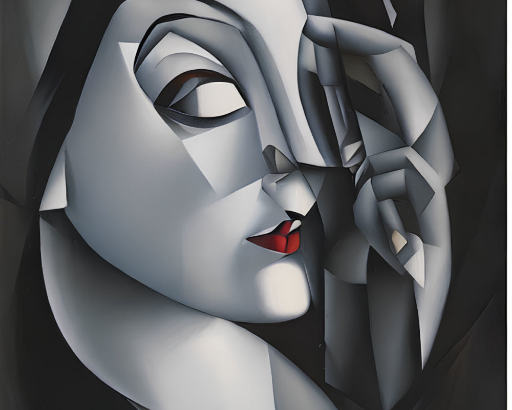 Abstract Cubist Painting: Monochromatic Tones, Red Lips, Geometric Face