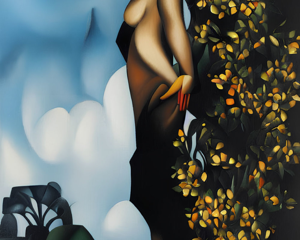 Stylized painting of figure with red mask beside yellow flowers