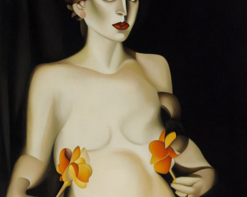 Stylized nude female figure with orange flowers on dark background