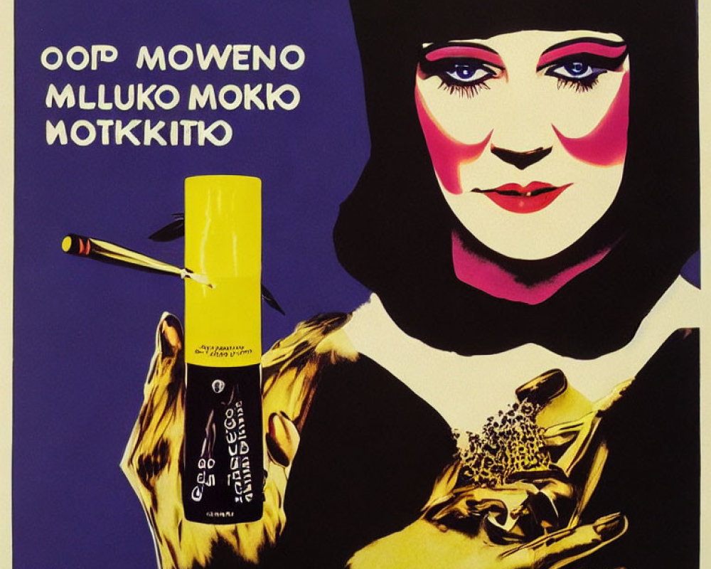 Vintage-style poster featuring woman's face, yellow spray can, Cyrillic text, and cigarette smoke.