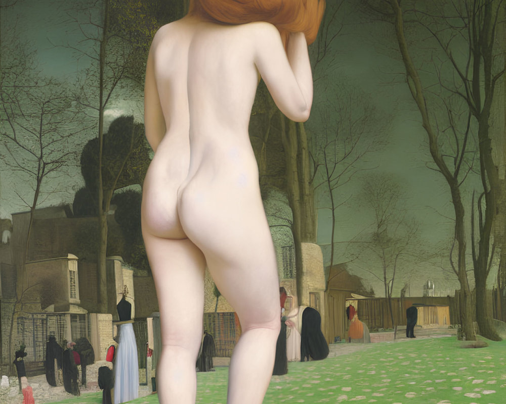Red-haired nude woman in grassy field facing clothed crowd in park