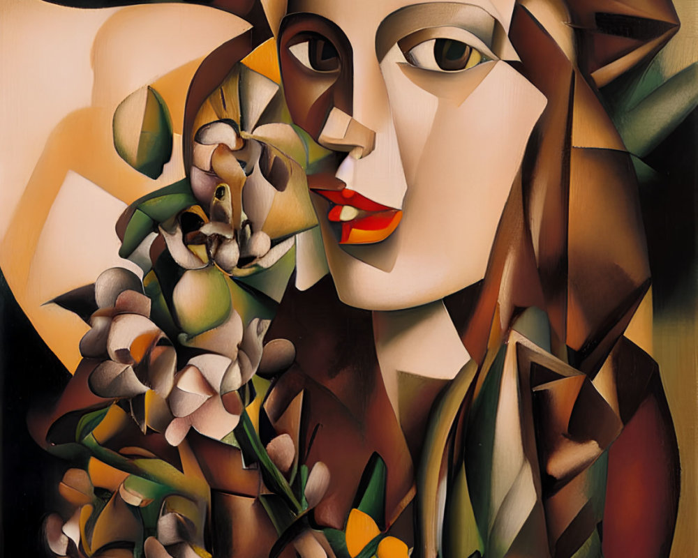 Abstract Cubist Painting: Person with Geometric Shapes Holding Flower