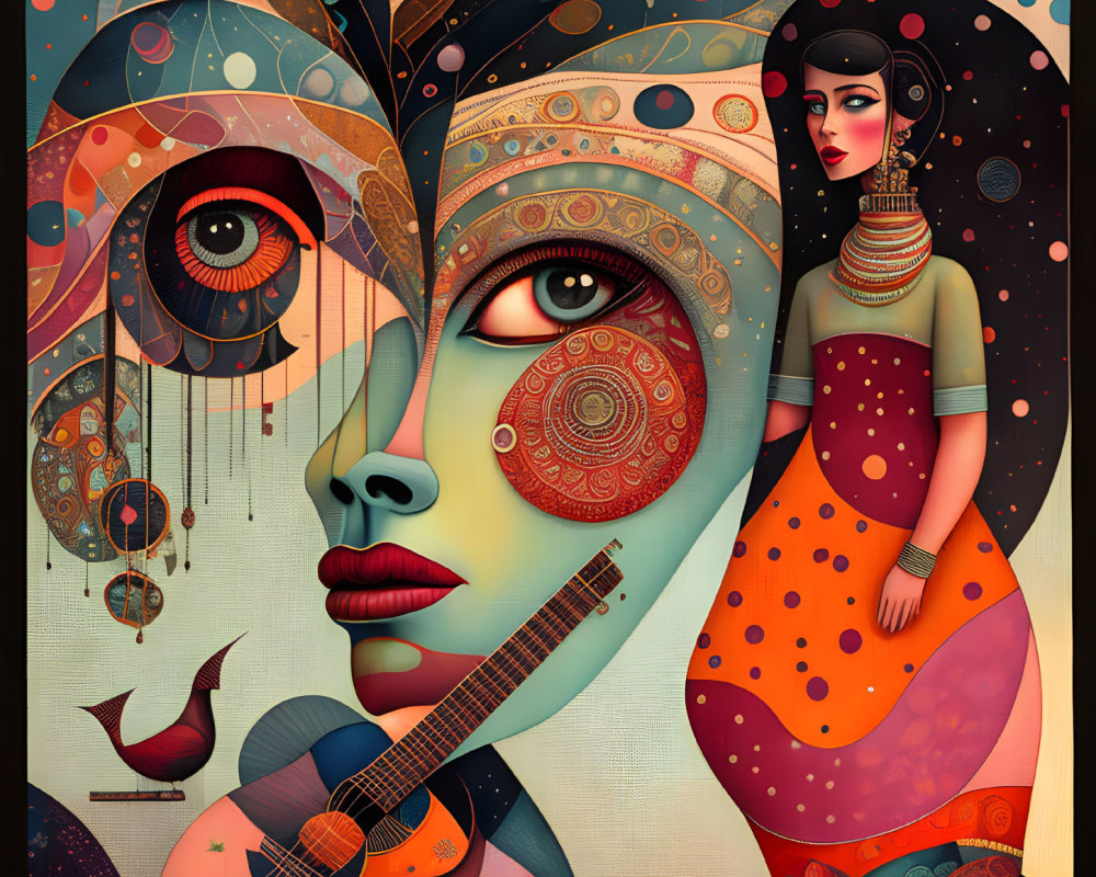 Vibrant surreal artwork with abstract woman faces and intricate patterns