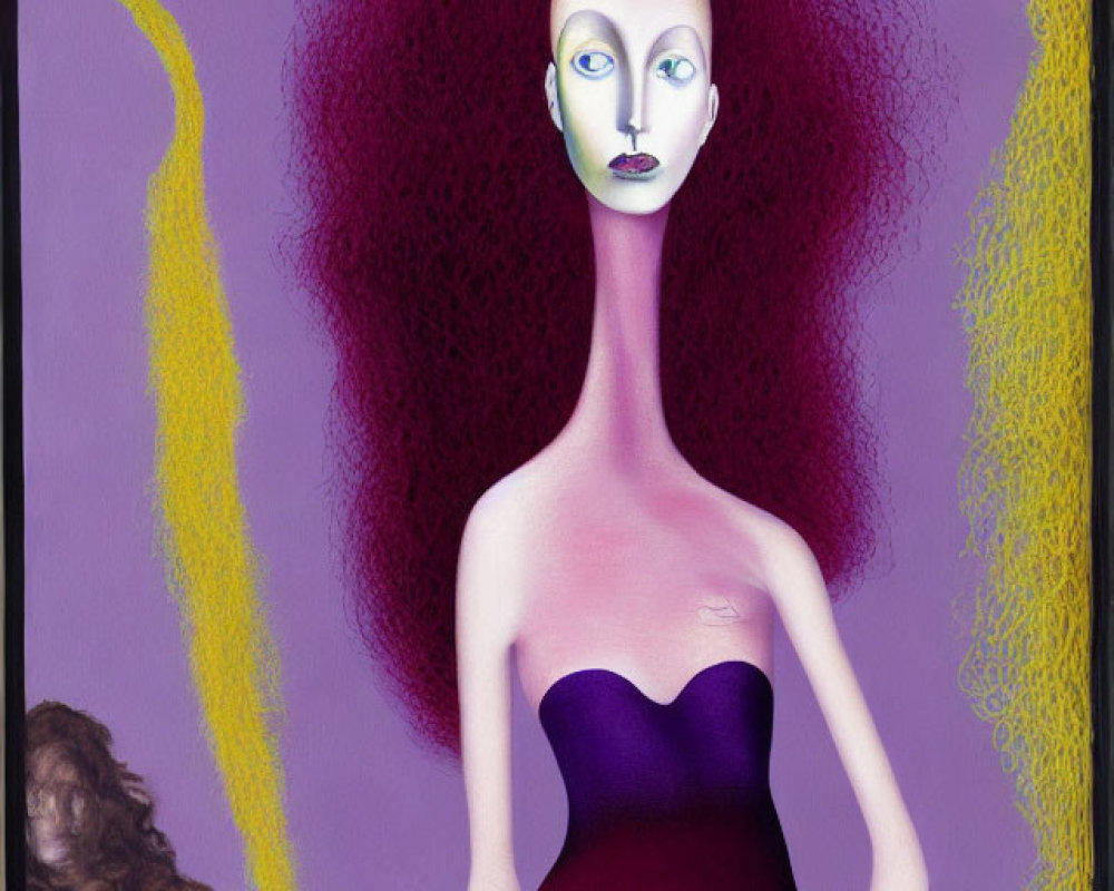 Stylized painting of figure with red hair in purple dress